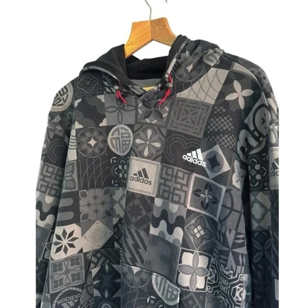 Adidas Men's Sz L CNY Chinese New Year All Over Print Black & Gray Hoodie
